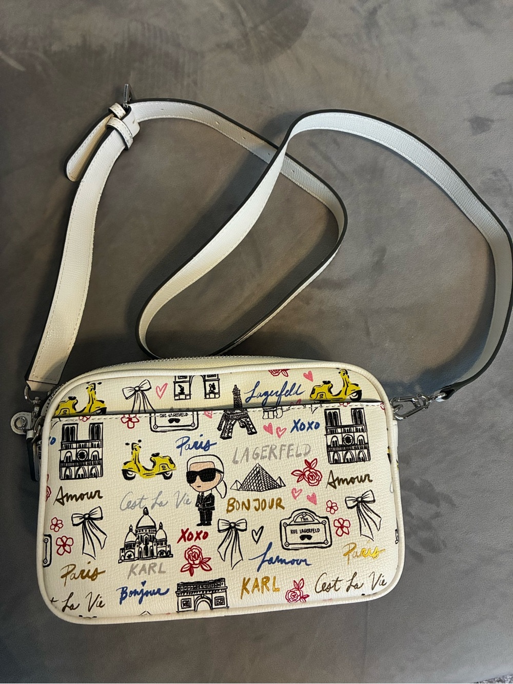 Karl Lagerfeld White Paris-Themed Printed Crossbody Bag